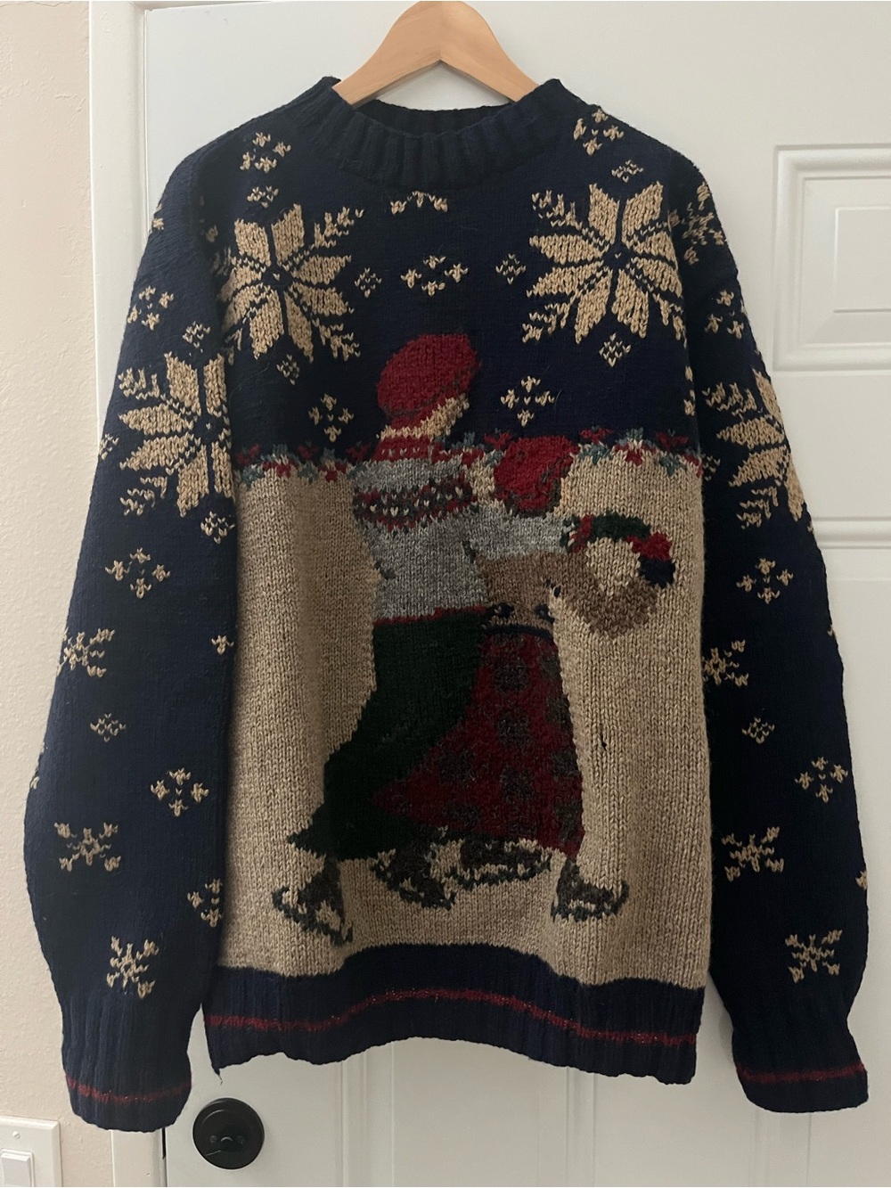 Ralph Lauren Vintage Handknit in UK Navy, Tan & Red Ice Skaters Crewneck Sweater